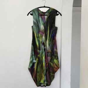Simon Chang 100 % Silk Asymmetrical Dress in Green and Purple